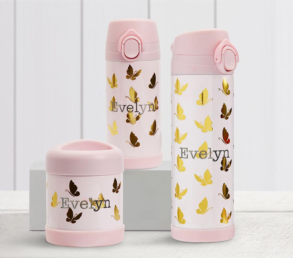 Mackenzie Pink Gold Foil Butterflies Water Bottles & Food Storage
